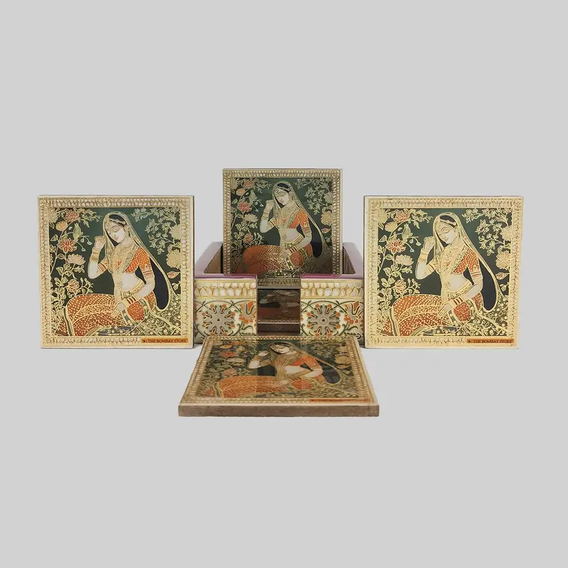 Bani Thani Gold Foiled Square Coasters With Holder (Set Of 6) 1
