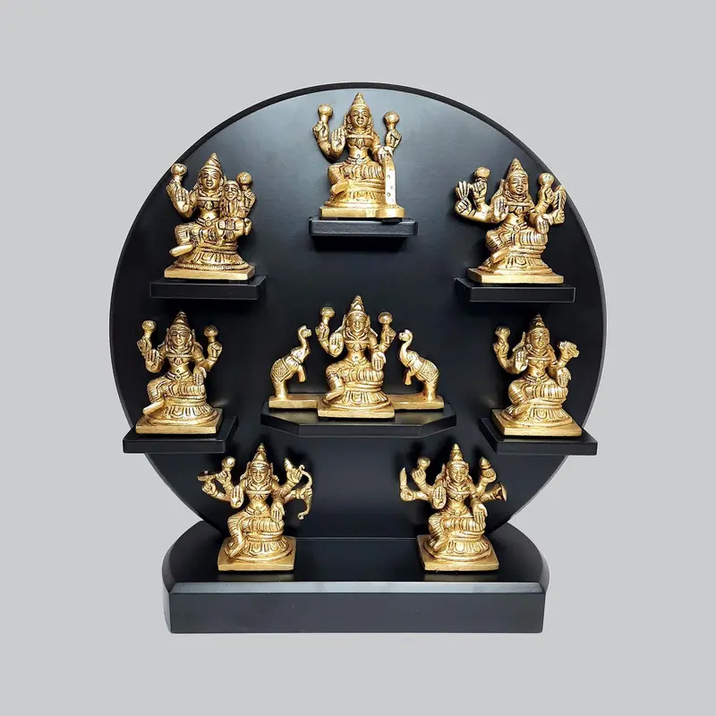 Brass Asthlaxmi With Wooden Round Stand 12 In 1