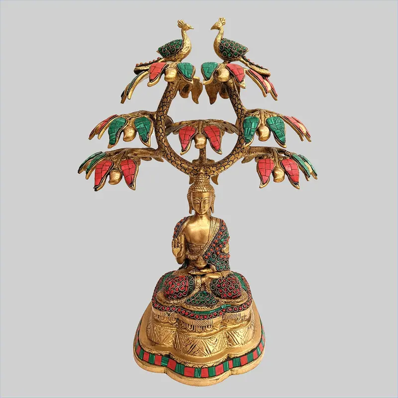Brass Buddha Under Tree With Ring Stonework 16.5 In 1
