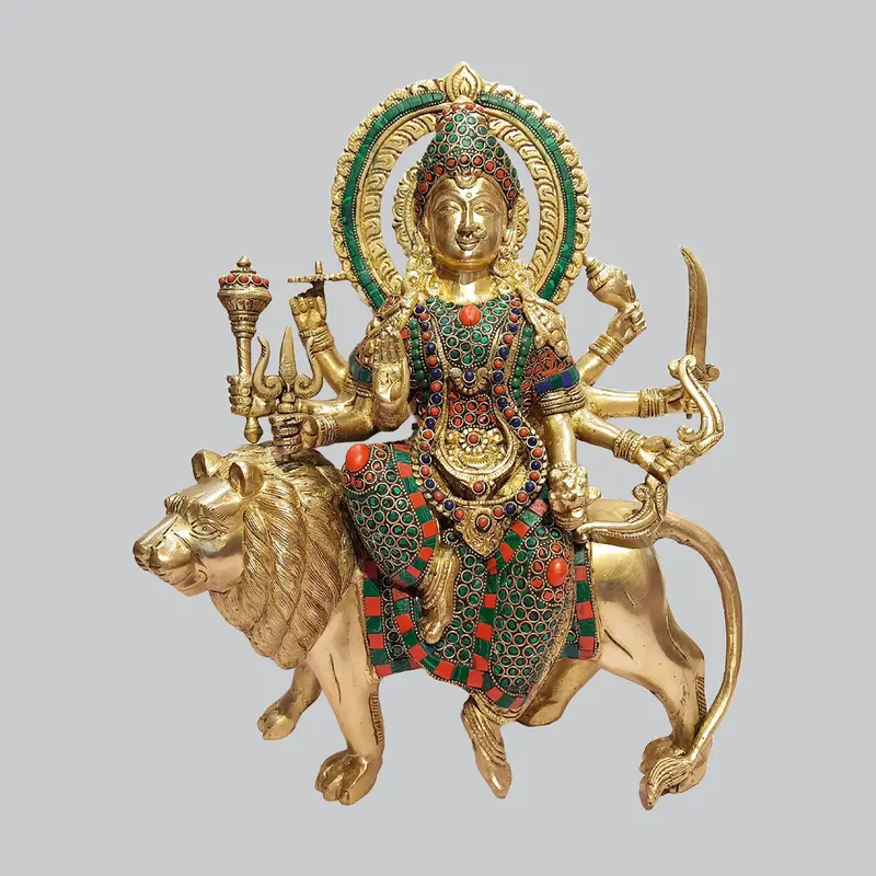 Brass Durga On Lion With Ring Stonework 14.5 In 1