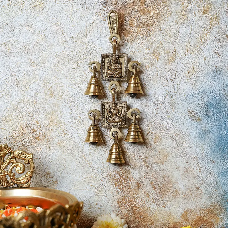 Brass Ganesha & Laxmi Temple Bell Wall Hanging With 5 Bells 1