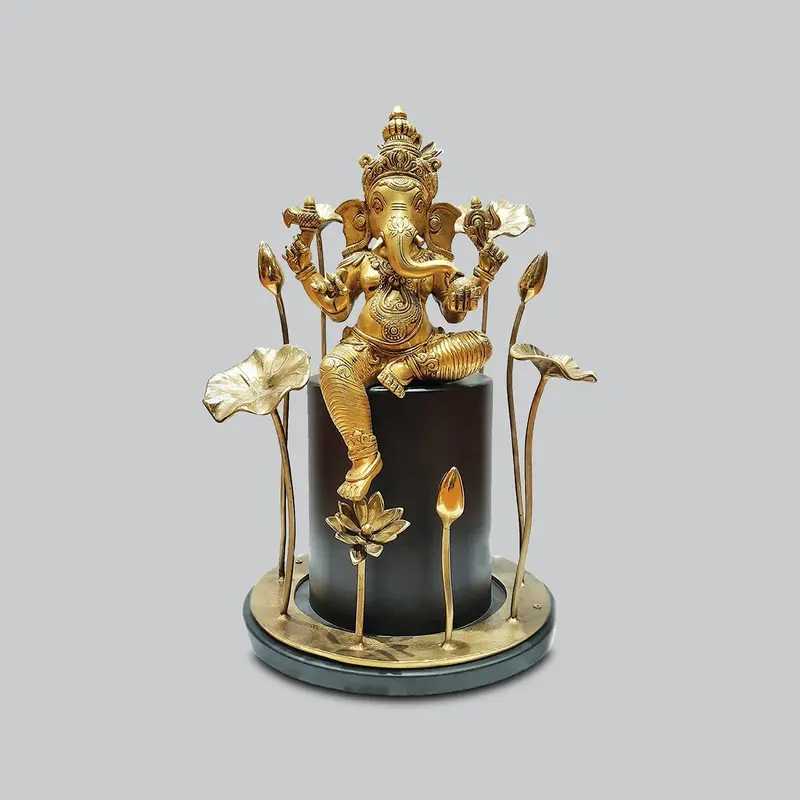 Brass Ganesha On Wooden Base With Flower 19 In 1