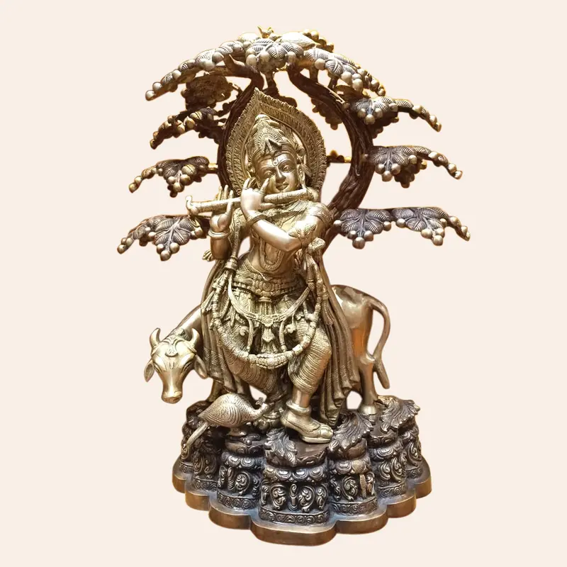 Brass Krishna & Cow Under Tree In Two Tone Finish 30 In 1