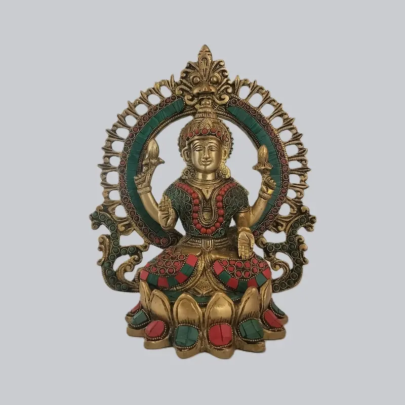 Brass Laxmi On Lotus Base With Ring Stonework 9.5 In 1