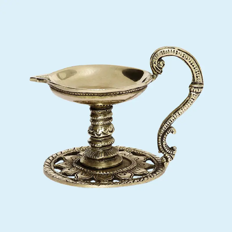Brass Lotus Engraved Aarti Deepak 4 In 1
