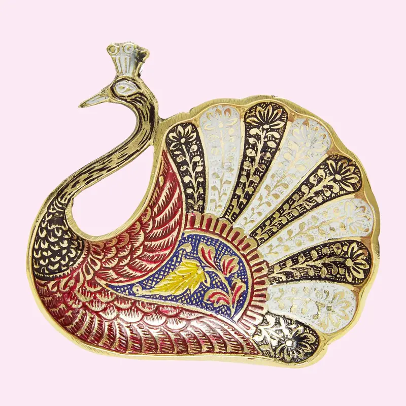 Brass Peacock Platter With Handpainted Meenakari Art 6 In 1