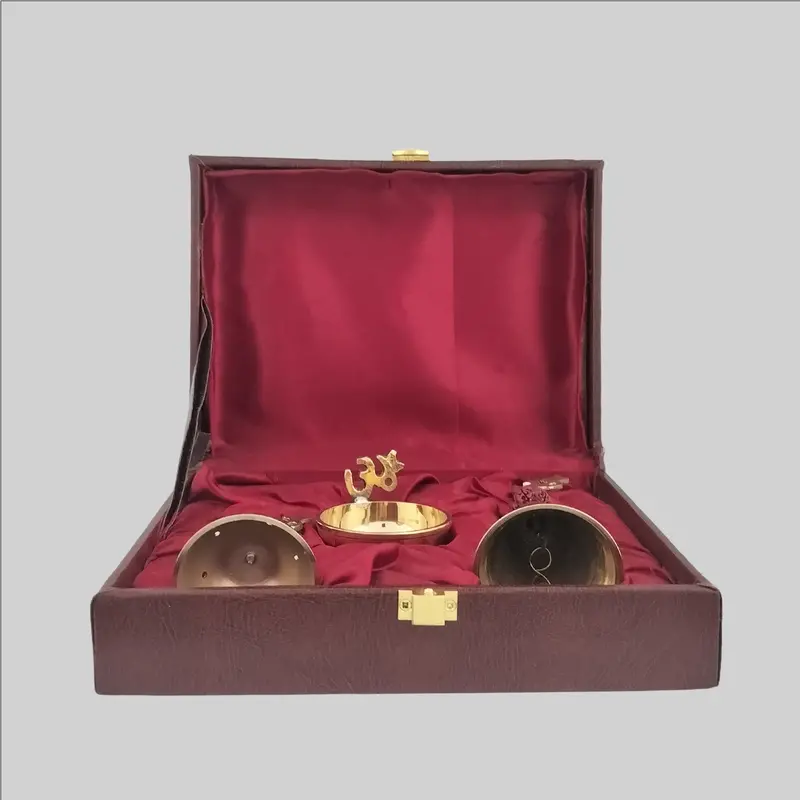 Brass Puja Accessories In Leather Box 5 In (S/3) 1