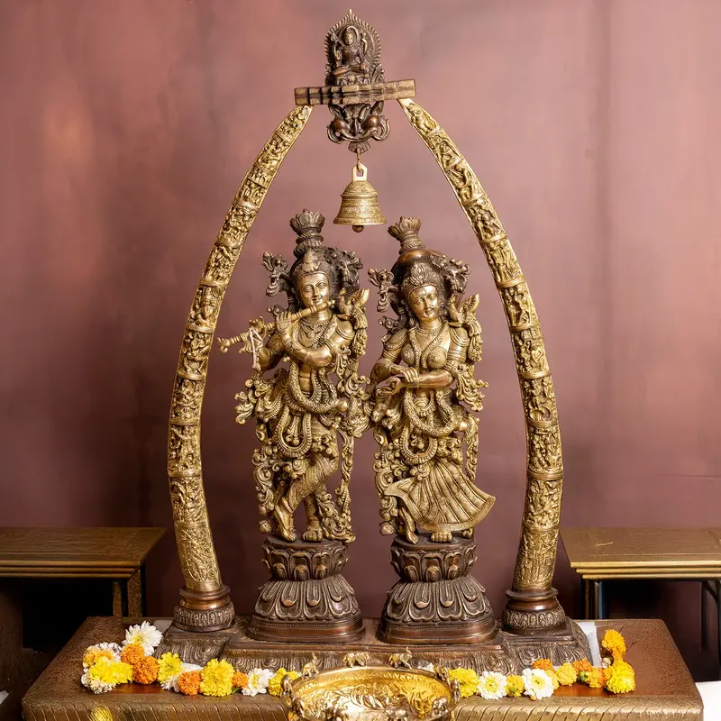 Brass Radha Krishna With Tusk In Two Tone Finish 32 X 45 In 1