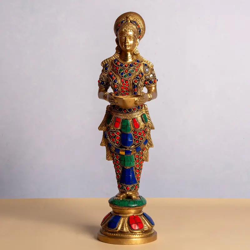 Brass Standing Deeplaxmi With Ring Stonework 14 In 1