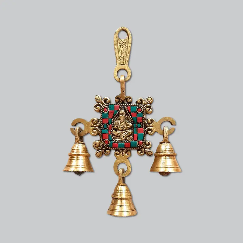 Brass Stonework Ganesha Wall Hanging Bells - 7 In 1