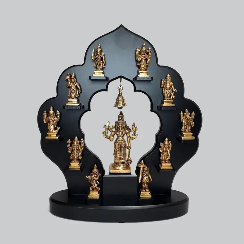 Brass Vishnu Dashavatar Set With Wood Frame 15 In 1