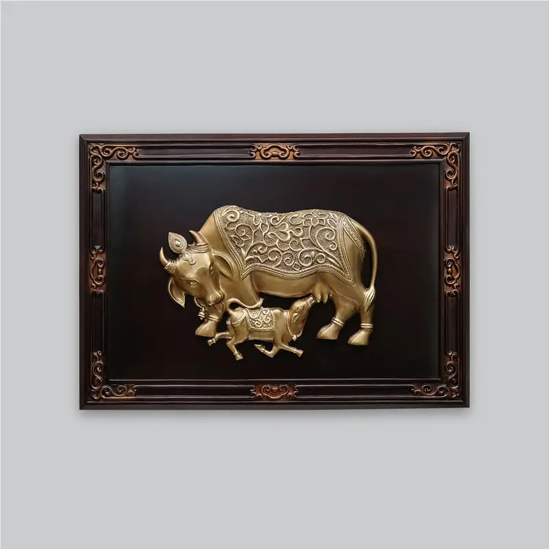 Brass Wall Hanging Cow & Calf In Wooden Frame 24 In 1