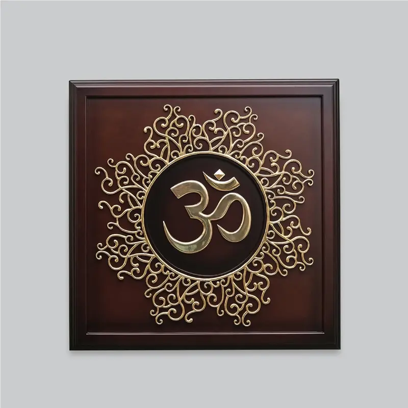 Brass Wall Hanging Om With Mandala Design In Wooden Frame 45.5 In 1