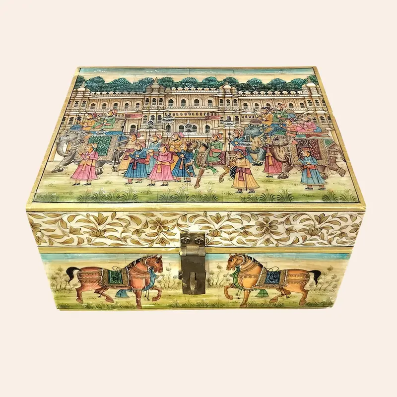 Camel Bone Box Miniature Procession Painting 7 X 8 In 1