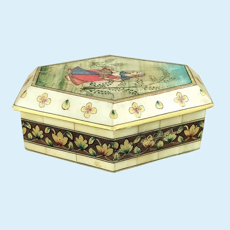 Camel Bone Octagonal Box With Miniature Painting 3.5 X 4 In 1