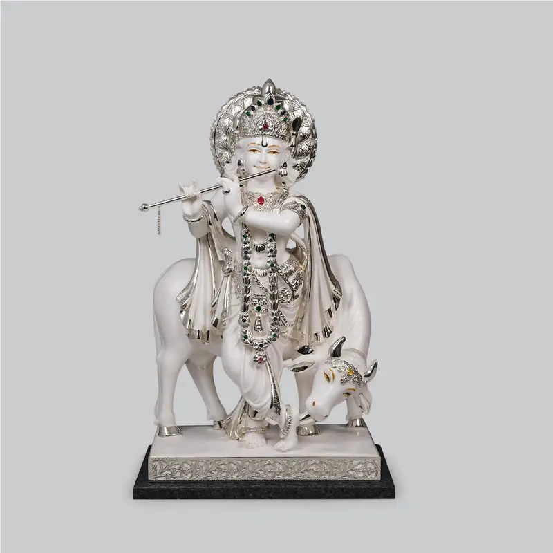 Culture Marble Krishna & Cow With Silver Plating 24.5 In 1