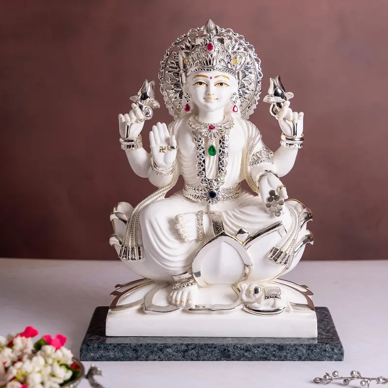 Culture Marble Laxmi Sitting On Lotus With Silver Plating 15.5 In 1