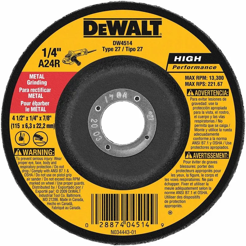 Dewalt Type 27 Hp Metal Grinding Wheels, 4.5" X 7/8", 25/Pk - Dw4514 1