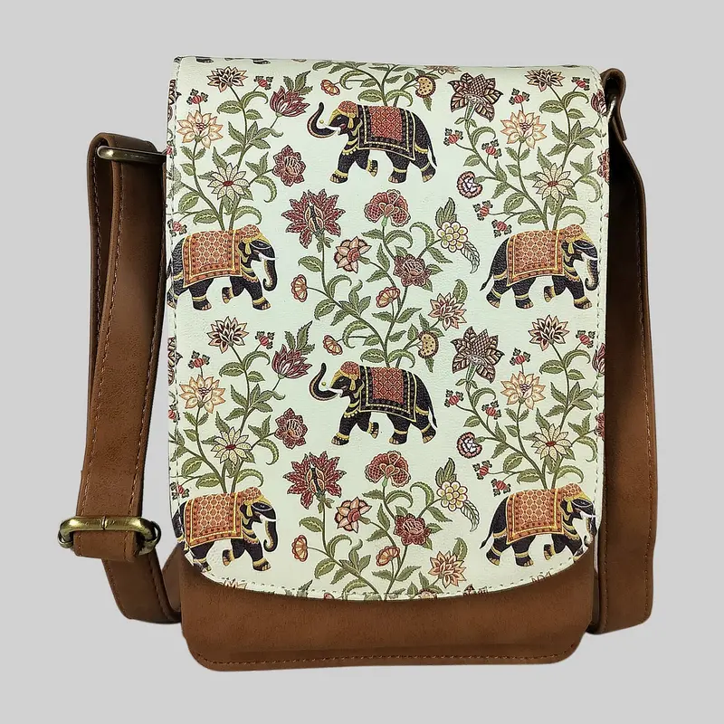 Elephant Floral Faux Leather Rectangle Sling Bag 1