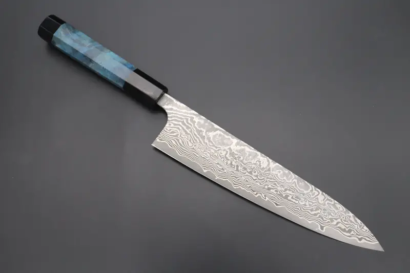 Fu-Rin-Ka-Zan Yutaka 豊佳 Series R-2 Damascus Edition Fryp-36 Wa Gyuto 210Mm (8.2 Inch, Ocean Blue Color Stabilized Maple Burl Wood Handle) 1