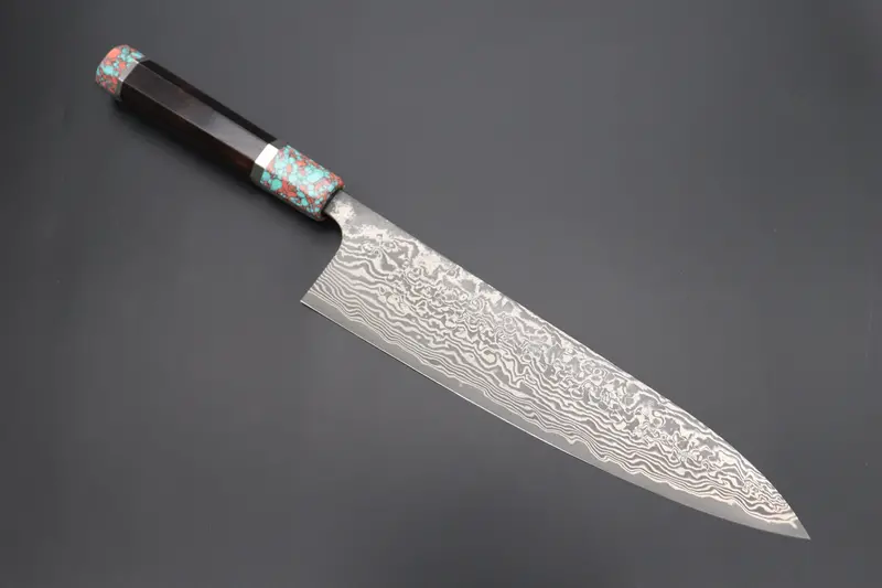 Fu-Rin-Ka-Zan Yutaka 豊佳 Series R-2 Damascus Edition Fryp-44 Wa Gyuto 240Mm (9.4 Inch, Octagon Shaped Ebonywood Handle With Fancy Green & Pink Turquoise Composite Stone Ferrule & Butt) 1