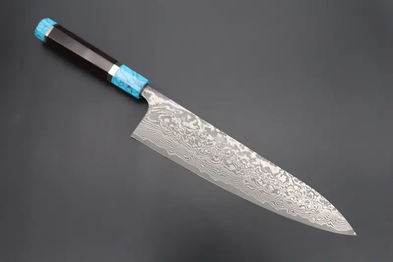 Fu-Rin-Ka-Zan Yutaka 豊佳 Series R-2 Damascus Edition Fryp-45 Wa Gyuto 240Mm (9.4 Inch, Octagon Shaped Ebonywood Handle With Turquoise Composite Stone Ferrule & Butt) 1