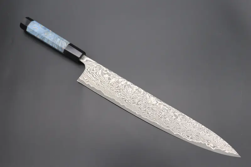 Fu-Rin-Ka-Zan Yutaka 豊佳 Series R-2 Damascus Edition Fryp-47 Wa Sujihiki 270Mm (10.6 Inch,  Ocean Blue Color Stabilized Maple Burl Wood Handle) 1