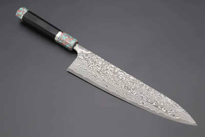 Fu-Rin-Ka-Zan Yutaka 豊佳 Series R-2 Damascus Edition Fryp-54 Wa Gyuto 240Mm (9.4 Inch, Octagon Shaped Ebonywood Handle With Turquoise Composite Stone Ferrule & Butt) 1