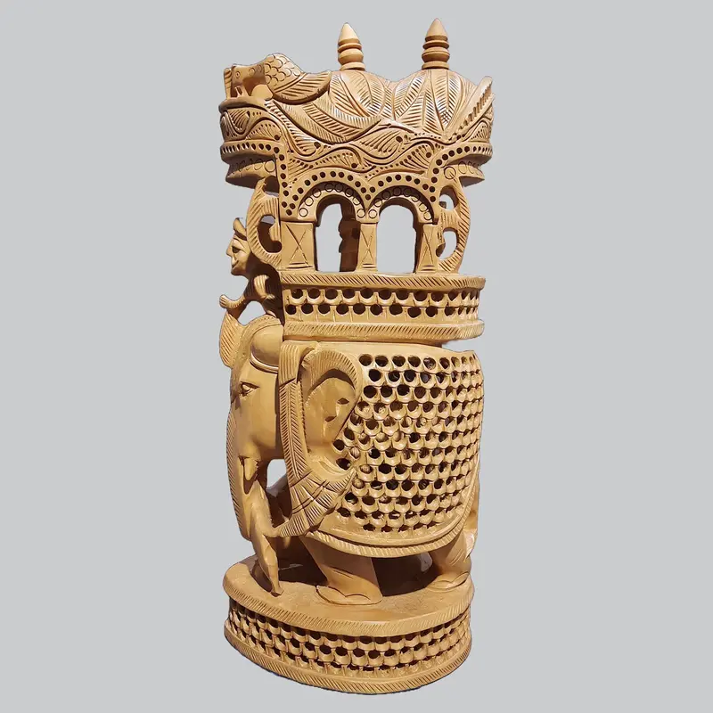 Kadam Wood Ambari Elephant Undercut Work & Round Base 12 In 1