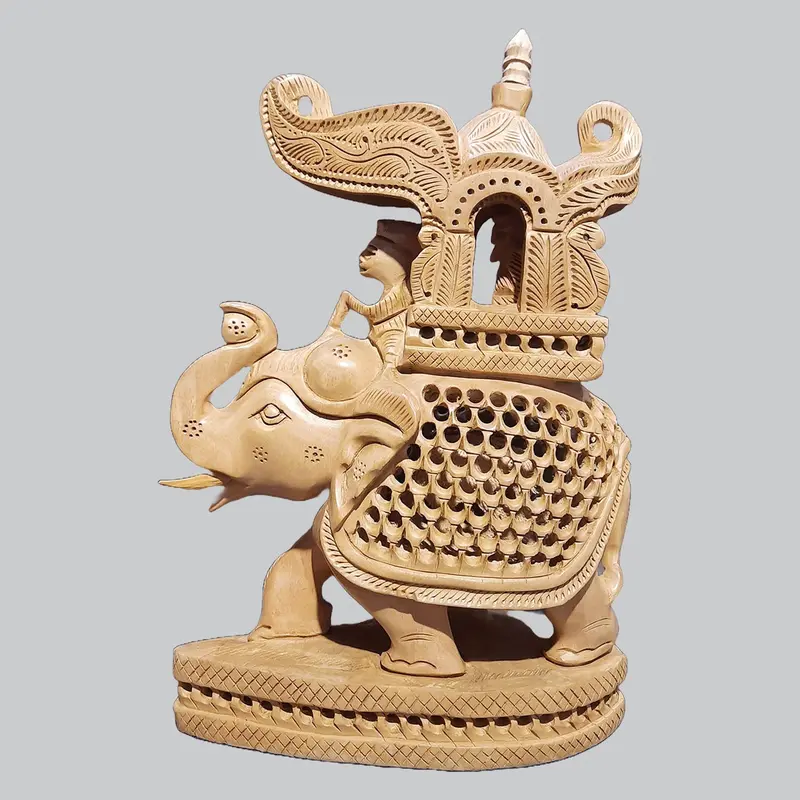 Kadam Wood Ambari Elephant With Undercut Work & Oval Base 10 In 1