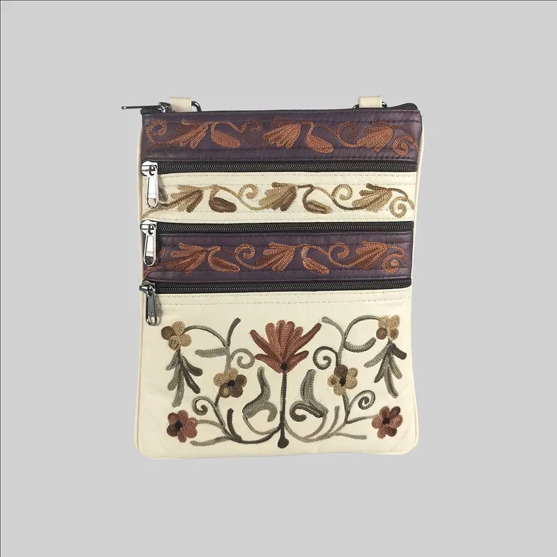 Leather Passport Sling Bag With Embroidery (5 Zips) - Assorted Colours/Designs 1