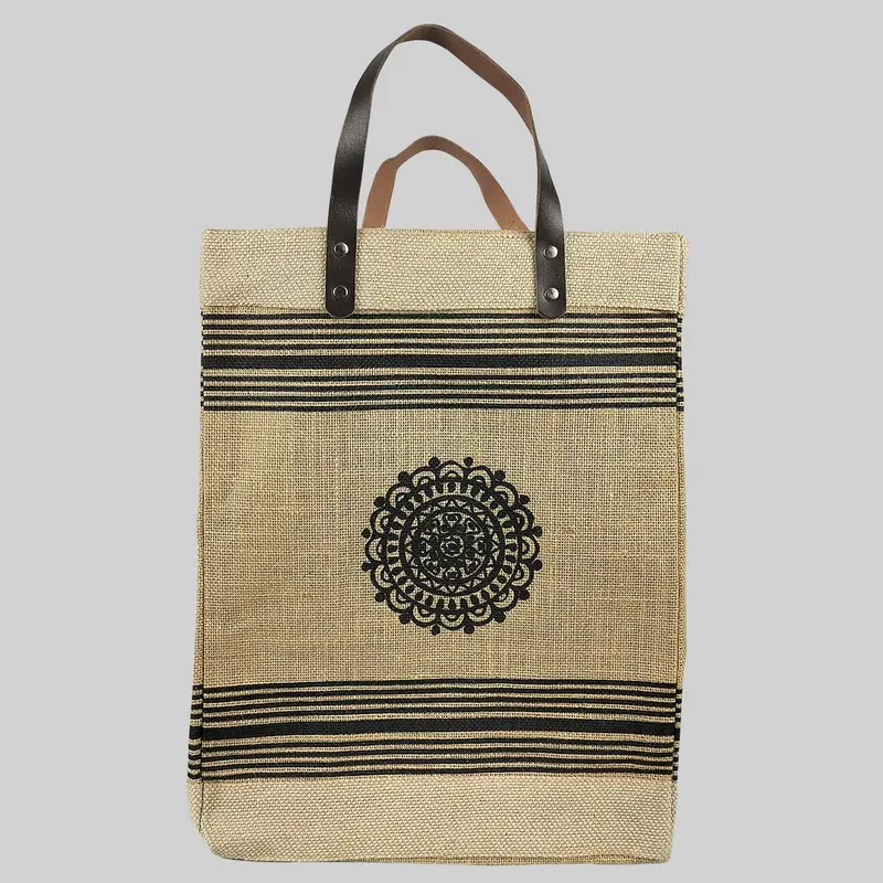 Mandala Stripe Jute Bag With Leather Handle 33 Cm X 43 Cm 1