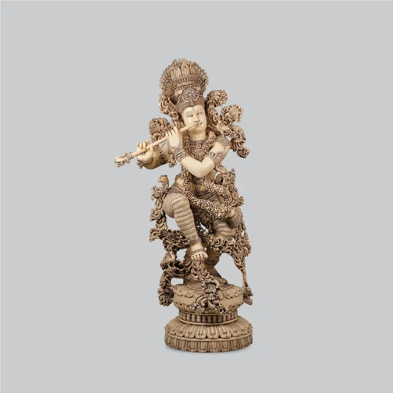 Marble Dust Krishna With Wood Base And Emboss Design 54 In 1