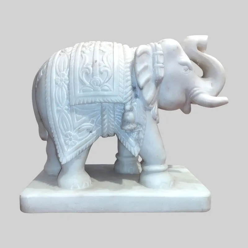 Marble Elephant With Flower Carving Up Trunk 15 In 1