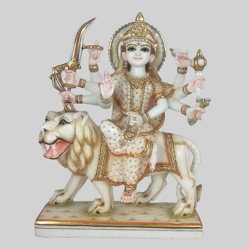 Marble Hand Painted Durga On Lion 15 In 1