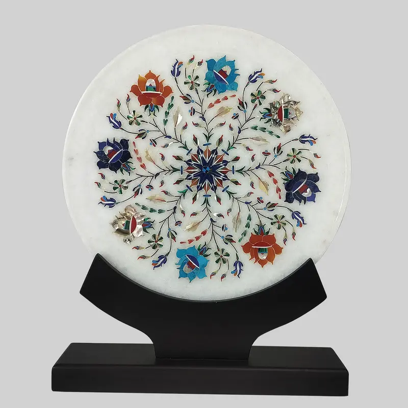 Marble Inlay Work Round Plate With Stand & Box 11 In 1