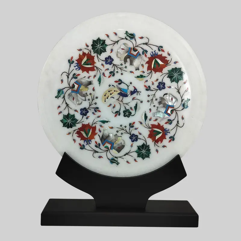 Marble Inlay Work Round Plate With Stand & Box 12 In 1