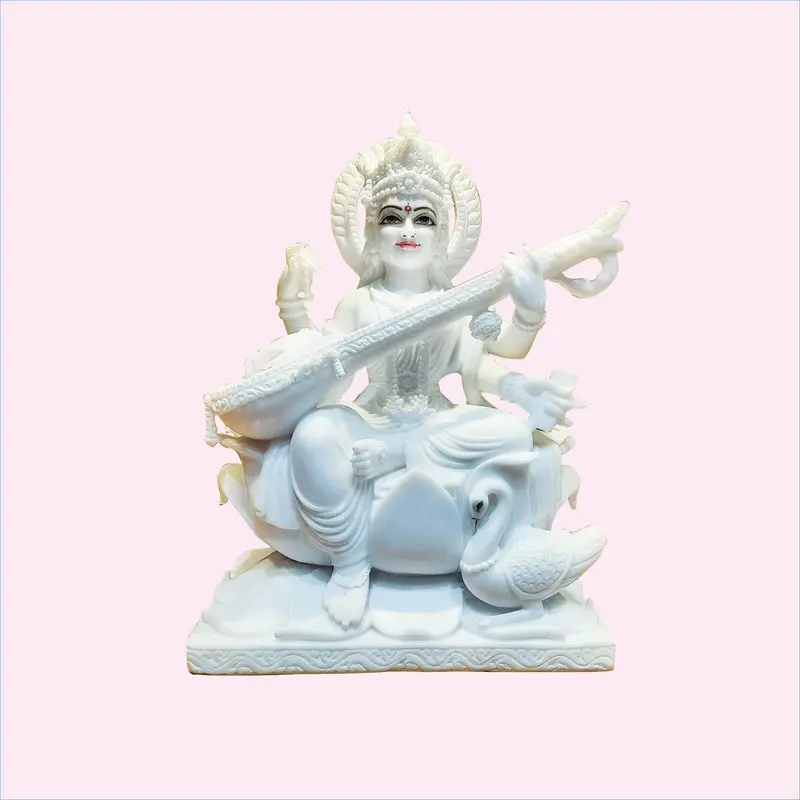 Marble Saraswati Sitting On Lotus 24 In 1