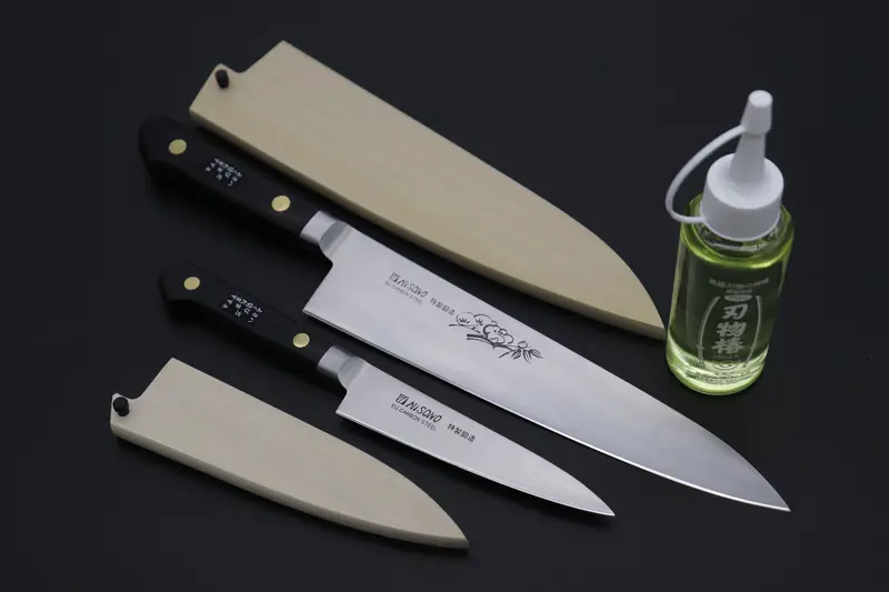 Misono "Carbon Steel Lover 2Pcs Set Part 2"  Sweden Steel Series No.131 Petty 120Mm (4.7 Inch) And No.112 Gyuto 210Mm (8.2 Inch) (Comes With Magnolia Wooden Sayas + Tsubaki Oil) 1