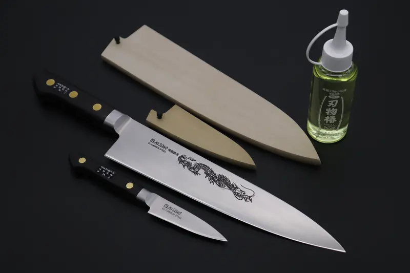 Misono  "Carbon Steel Lover 2Pcs Set"  Sweden Steel Series No.134 Paring 80Mm (3.1 Inch) And No.113 Gyuto 240Mm (9.4 Inch) (Comes With Magnolia Wooden Sayas + Tsubaki Oil) 1