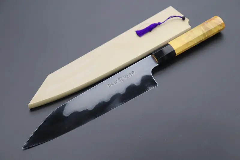 Mizuno Tanrenjo Akitada Honyaki White Steel "Special Order Made" Mtkg-14 Kiritsuke Gyuto 240Mm (9.4 Inch, Octagonal Sunny-Yellow Color Stabilized Maple Burl Wood Handle) 1
