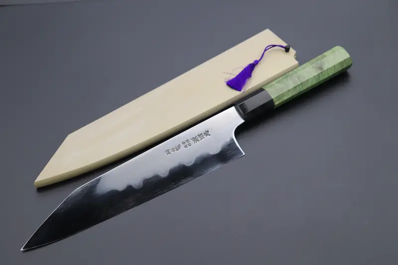 Mizuno Tanrenjo Akitada Honyaki White Steel "Special Order Made" Mtkg-15 Kiritsuke Gyuto 240Mm (9.4 Inch, Octagonal Forest-Green Color Stabilized Maple Burl Wood Handle) 1
