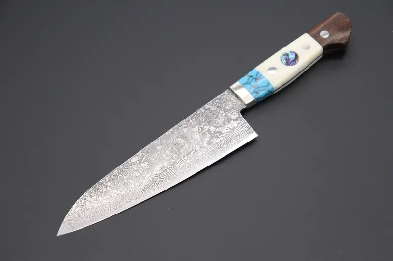 Mr. Itou “Luna Series” R-2 Custom Damascus Gyuto 185Mm (7.2 Inch) "Custom Combination Handle (Turquoise, White Color Camel Bone, Ironwood.)" (It-130) 1
