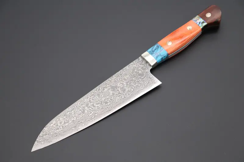 Mr. Itou R-2 Custom Damascus Gyuto 165Mm (6.4 Inch) "Custom Combination Handle(Turquoise Gem-Composite Stone/Orange Color Camel Bone/Abalone/Ironwood)" (It-151) 1