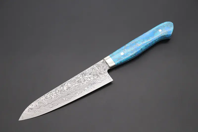 Mr. Itou R-2 Custom Damascus Petty 135Mm (5.3 Inch) "Golden Turquoise Gem-Composite Stone Handle" (It-218) 1