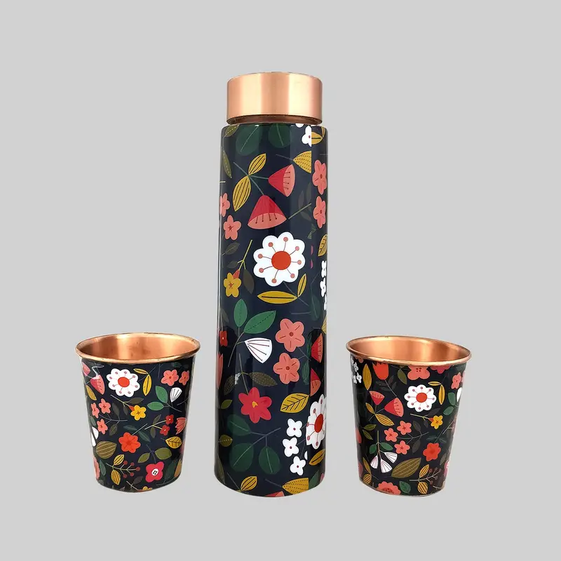 Navy Floral Copper Bottle With 2 Glasses In Gift Box 1