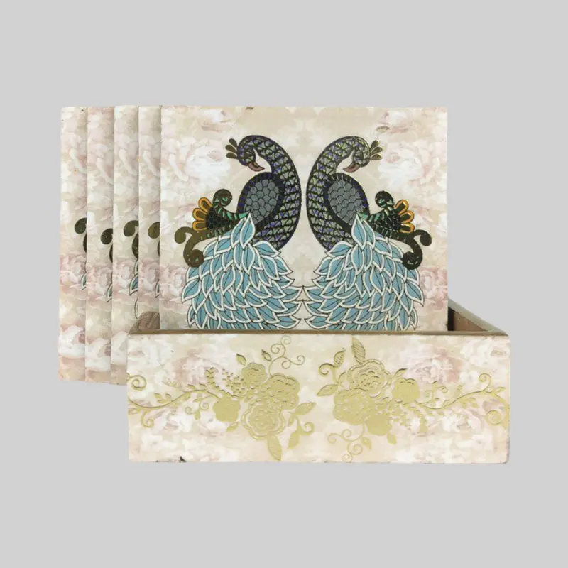 Regal Mayura Gold Foiled Square Coasters With Holder (Set Of 6) 1