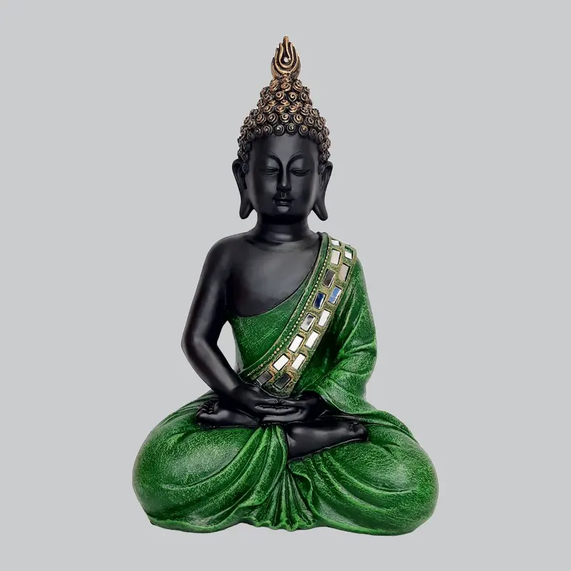 Resin Meditating Buddha In Black & Green Colour With Glass Work 11 In 1