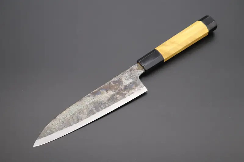 Shirou-Kunimitsu White Steel No.2 Kurouchi Series Special Edition Sk-2Sp25 Wa Santoku 180Mm (7 Inch, Sunny Yellow Color Stabilized Maple Burl Wood Handle) 1