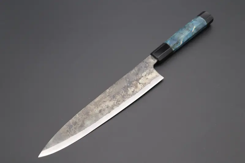 Shirou-Kunimitsu White Steel No.2 Kurouchi Series Special Edition Sk-6Sp29 Wa Gyuto 240Mm (9.4 Inch, Ocean Blue Color Stabilized Maple Burl Wood Handle) 1